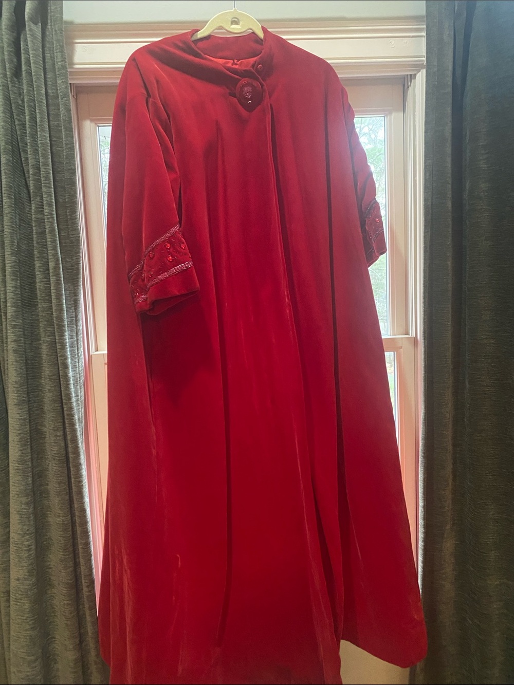 Vintage Red Velvet Long Coat with Embroidered Cuffs
